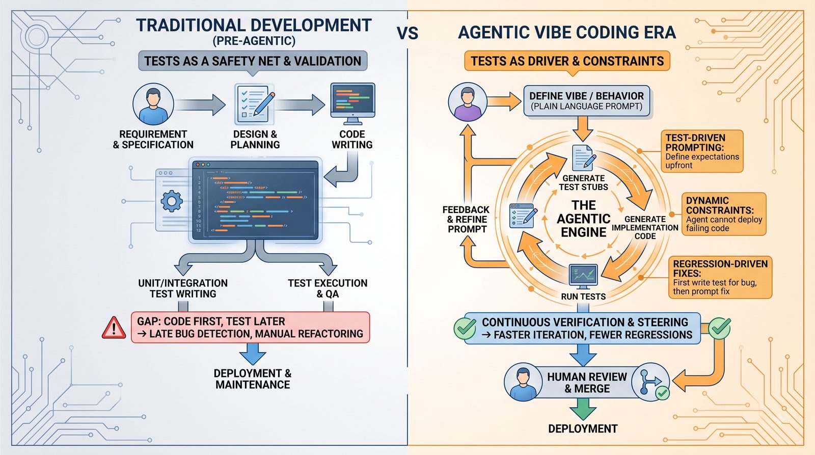 Diagram comparing testing as a safety net in traditional development versus testing as driver and constraint in agentic vibe coding