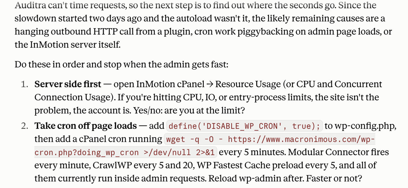 Where the audit stops: it cannot time a request, so the next steps move to cPanel and cron