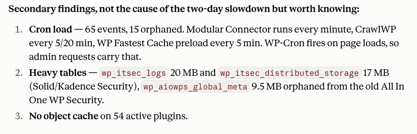 Secondary findings from the same audit: 65 cron events, heavy security log tables, no object cache