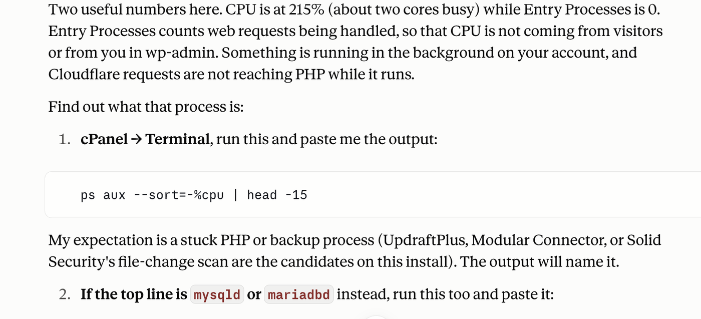 Reading the cPanel numbers: CPU busy with zero entry processes means the work is happening outside the account