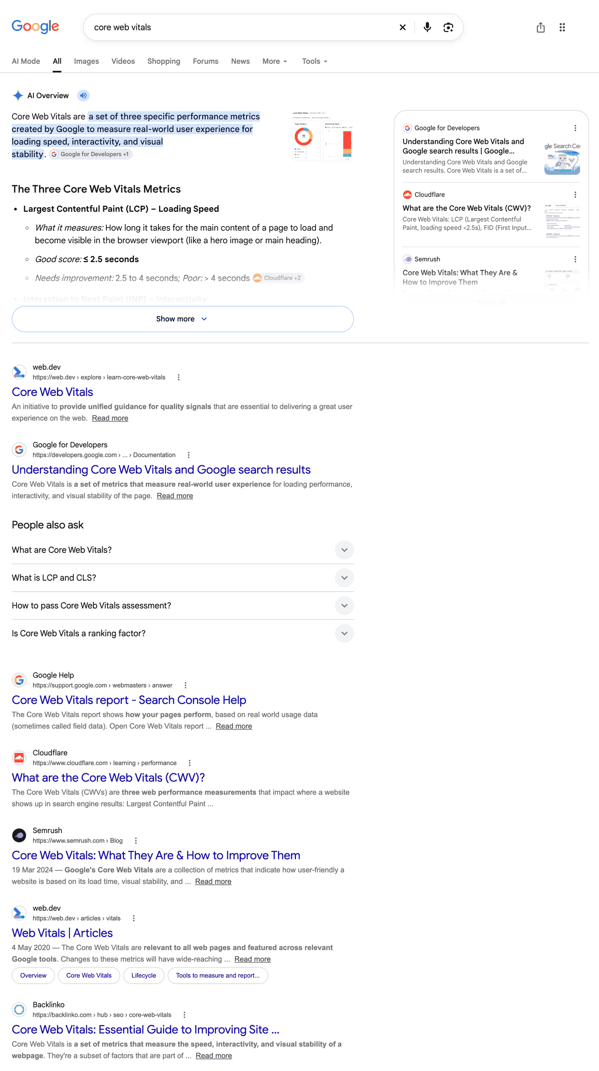 Real Google results for core web vitals on 28 October 2026, led by web.dev and developers.google.com