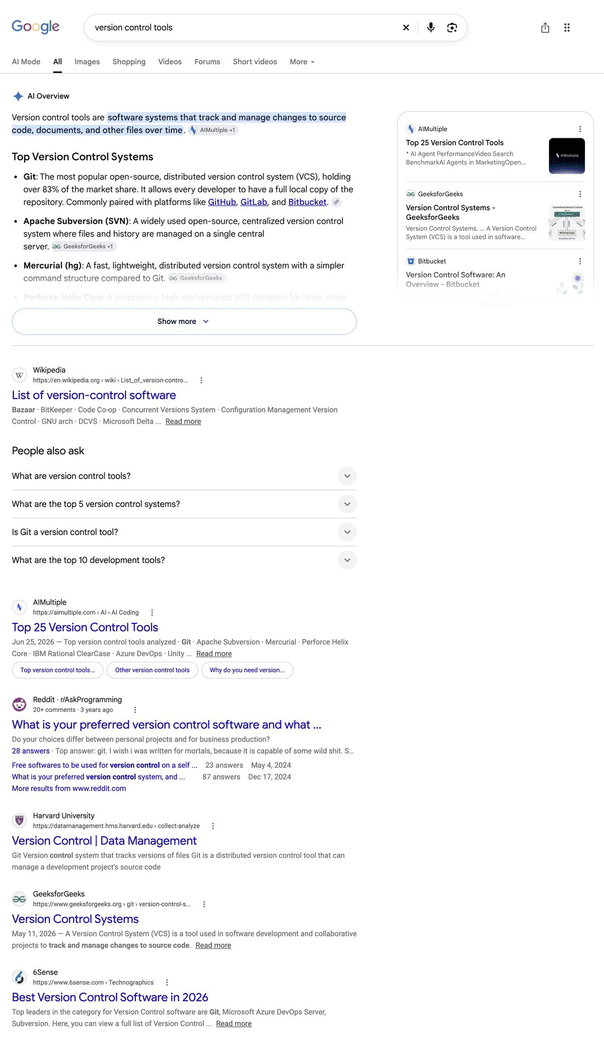 Real Google results for version control tools on 28 October 2026, led by Wikipedia