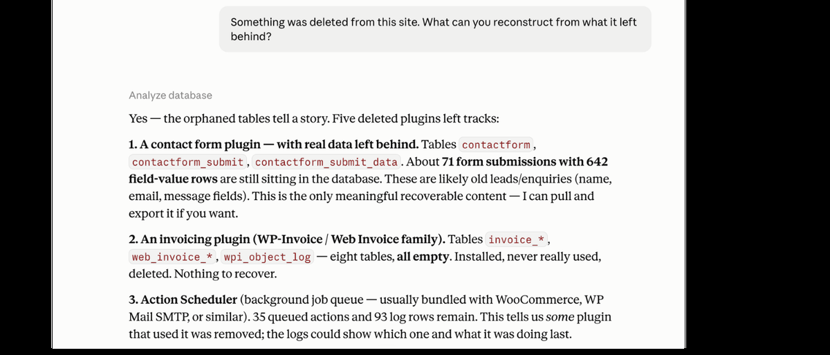 Claude reconstructing deleted plugins from orphaned tables and leftover cron events using Auditra.